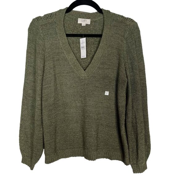New LOFT Medium M Olive Green Deep V Neck Open Knit Sweater Long Sleeve - Picture 1 of 8